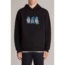Three Blue Gnomes T Shirt Köşedeki Baskılı Siyah Erkek Sweatshirt