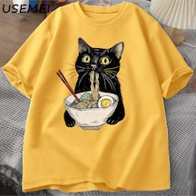 Flood Of Style Şehriye Ramen Kedi T-shirt Foodie Lover T Shirt Siyah Kedi Şehriye T-shirt Retro Rahat Kısa K Sarı