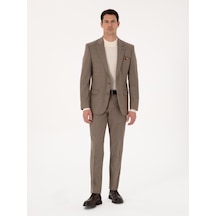 Cacharel Camel Slim Fit Yün Karışımlı Mikro Desenli Klasik Pantolon Kahverengi