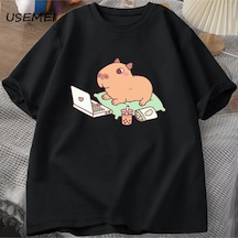 Startmore Capybara Kullanımı Bilgisayar Tshirt Erkekler Komik Gevşek Pamuklu Üst Giyim Rahat Yaz Giysil Siyah