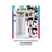 Ahşap Kapak 3'lü Organizer Set Modern Pamukluk Banyo Düzenleyici Şeffaf