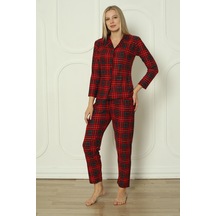 Wordex Fawn 3702 Boydan Düğmeli Soft Süet Kışlık Kareli Kadın Pijama Takımı Kırmızı