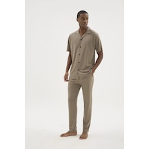 Angbutik Kocabey Kkt-26150 Apaj Yaka Boydan Düğmeli Pijama Takımı Vizon