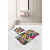 Renkli Patchwork Banyo Halısı Klozet 2'li Paspas Seti Bs294n11 Çok Renkli