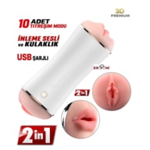 Erofoni İnleme Sesli Ve 10 Mod Titreşimli 19.5 Cm Usb Şarjlı Yapay Realistik Suni Vajina Ve Oral Ağız Çift Taraflı Mastürbatör