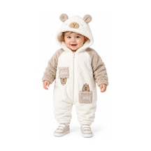 Chicsy Baby Tatlı Ayıcık Nakışlı Bebek Welsoft Tulum Kapüşonlu Kulaklı Fermuarlı Cepli Kışlık Peluş Tulum Bej