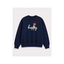 Herkesemoda Happy Baskı Detaylı Şardonlu 2 İplik Bisiklet Yaka Sweatshirt Lacivert