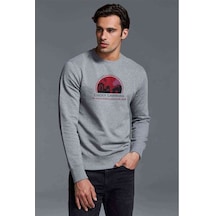 Visit Lucky Landing Baskılı Gri Erkek Örme Sweatshirt