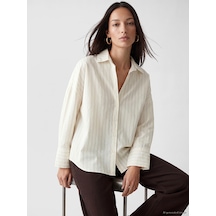 Lcw Everyday Ekru Çizgili Oversize Kadın Gömlek