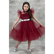 Riccotarz Kız Çocuk Gömlek Yaka Göğsü Ve Kolları Tül Detaylı Wednesday Bordo Elbise Bordo