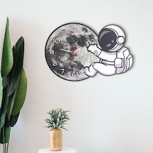 CajuArt Dekoratif Astronot ve Ay Temalı Çocuk Odası Duvar Saati Siyah