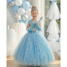 Butikhappykids Kız Çocuk Kostüm Mavi Elsa Frozen Düşük Omuz Detaylı Kasnaklı Kabarık Elsa Kostüm 3-8 Yaş Mavi