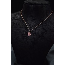 925 Ayar Gümüş Rose Kaplama Pembe Zirkon Taşlı Dönen Güneş Kolye