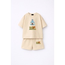 Fasardi Super Bear Adventure Süper Ayı Baskılı Oversize %100 Pamuk Kısa Kollu Unisex Çocuk T-shirt Bej