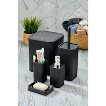 Line 5 Parça Kare Banyo Seti - Çöp Kovası Wc Fırçası Sıvı-katı Sabunluk Diş Fırçası Siyah