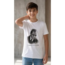 Erkek Çocuk Atatürk Baskılı Tişört Kısa Kollu Bisiklet Yaka T-shirt - Beyaz Çok Renkli
