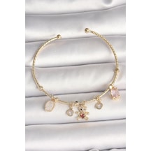 Pirinç Gold Renk Sallantı Zirkon Taşlı Ayıcık Figür Kırmızı Kalp Detay Charm Kadın Bileklik Çok Renkli