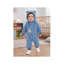 Chicsy Baby Tatlı Pilot Ayıcık Nakışlı Bebek Welsoft Tulum Kapüşonlu Kulaklı Fermuarlı Kışlık Peluş Tulum Mavi