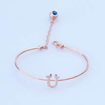 Rose Gold Kaplama Nazar Boncuklu Ü Harfi Gümüş Bileklik Gümüş