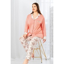 Faal 8803 Kadın Büyük Beden Uzun Kollu Önden Düğmeli Pijama Takım-somon SOMON