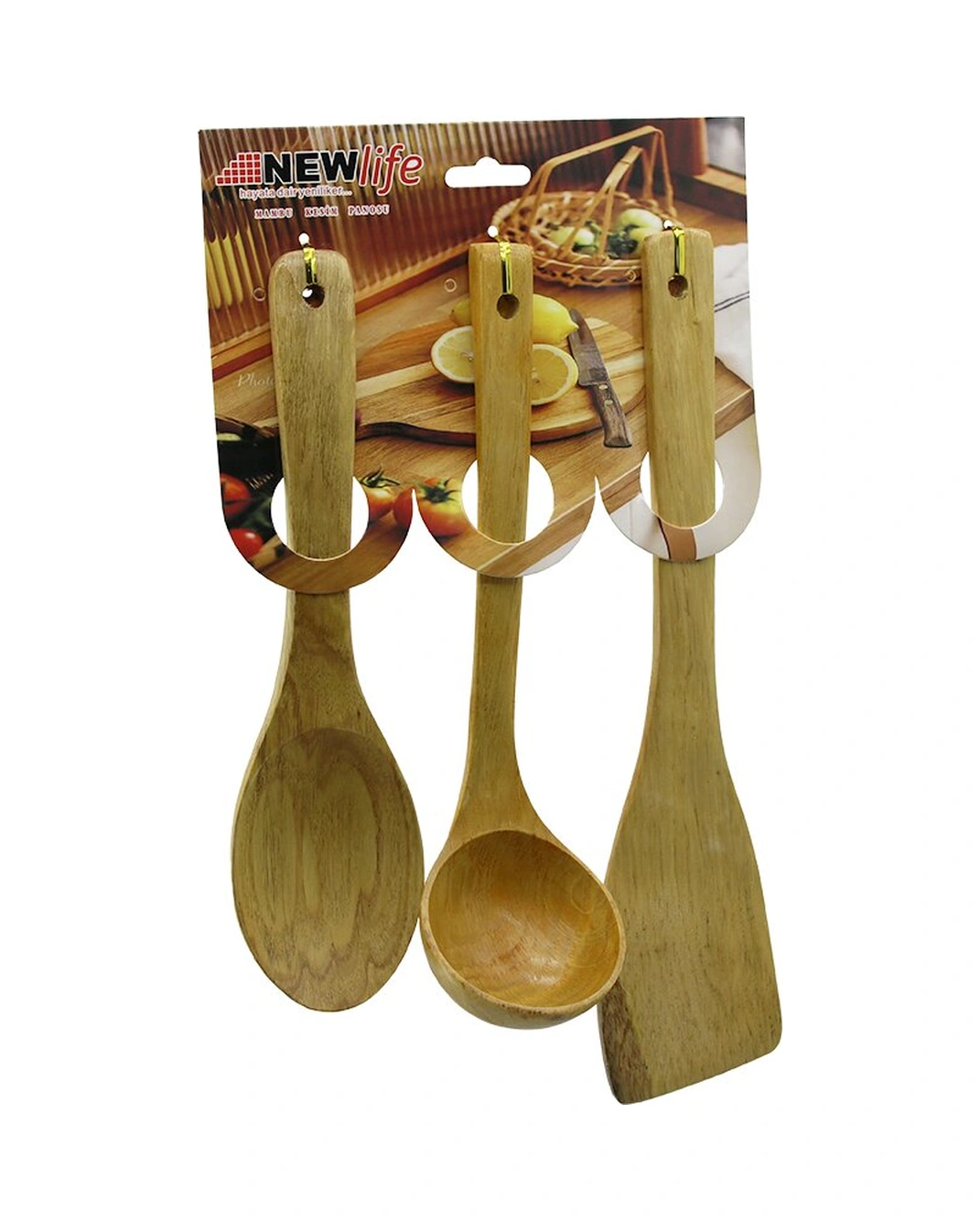 3pcs Ahşap Bambu Mutfak Servis Seti Kaşık 27cm - Kepçe 27cm - Spatula 32cm 4741 Amber