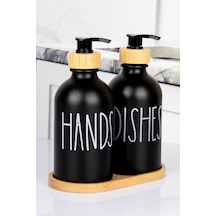 2'li Doğal Bambu Pompalı Bambu Altlıklı Deterjanlık 350 Ml Oval Cam Siyah