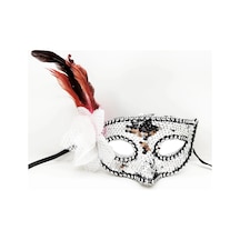 Gümüş Renk Yandan Tüylü Güllü Gümüş Taşlı Pullu Maske 20x22 Cm Yetişkin