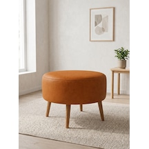 Modern Taba Deri Puf Yuvarlak Oturma Pufu Ahşap Ceviz Ayaklı Demonte 60x46 Cm