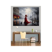 Yağmurlu Paris Caddesi Kırmızı Elbise Yağlı Boya Dokulu Kanvas Tablo Canvas Tablosu