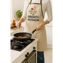 Bereketli Mutfağım Nakışlı Keten Yıkanabilir Mutfak Önlüğü Standart Beden 1 Adet 50x70 Cm Bej