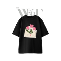 Thewert Tulip Envelope Tasarım Baskılı Ünisex Siyah Oversize T-shirt