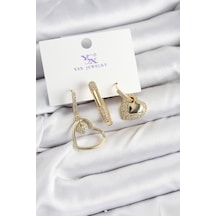 Pirinç Zirkon Taşlı Kalp Model Gold Renk 3'lü Kadın Küpe - Tj-bkp10936 Diğer