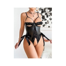 Secret De Femme Kadın Göğüs Dekolteli Cesur Kesim Fantezi Deri Body - Arkadan Bağlamalı Deri Korse Gecelik Sexy Lingerie Siyah