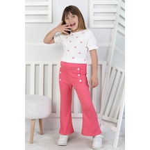Kız Çocuk Fiyonk Desenli Beyaz Bluz Ve Düğme Detaylı İspanyol Paça Pantolon Takım Pembe