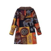 Yeni Kadın Yaprak Baskılı Kapşonlu Uzun Kollu Retro Ceket Sıcak Sarı