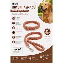Örme Köpek Boyun Tasması Ve Sevk Kayışı Seti 35-45 Cm El Yapımı İp - Kiremit Çok Renkli