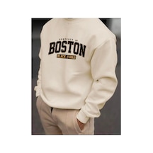 Medinenur Boston Yazı Baskılı Bisiklet Yaka Sweatshırt Bej