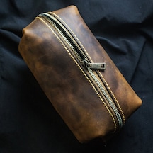 El Yapımı Hakiki Deri Dopp Kit Crazy Deri, Fermuarlı Seyahat Çantası