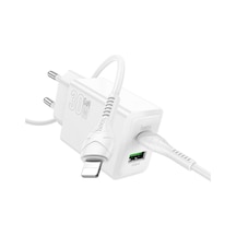Hoco N71 Pd30w + Qc3.0 Çift Portlu Şarj Cihazı 1m Tip-c İle 8 Pin Veri Kablosu, Özellikler: Ab Fişi Beyaz Beyaz