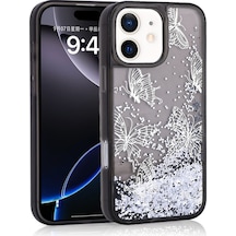 Apple Uyumlu iPhone 12 Kılıf Sıvı Simli Ve Kelebek Baskı Desenli Şeffaf Glis Premium Silikon Kapak Siyah