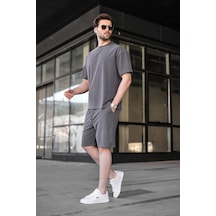 Madmext Boyalı Gri Tensel Kumaş Erkek Şort Tişört Takım E7349 Boyalı Gri