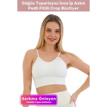 Carlburn Özel Üretim Göğüs Toparlayıcı Sarkma Önleyen Spor Günlük İnce İp Askılı Pedli Fitilli Crop Büstiyer Beyaz