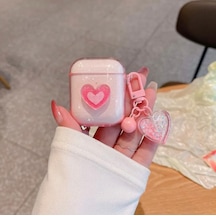 Apple Uyumlu AirPods 2.nesil Simli Pembe Kalp Tasarımlı Love Kılıf