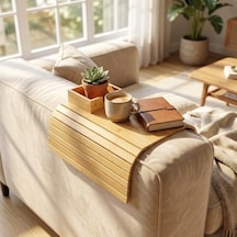 Bambu Koltuk Kenarı Tepsisi Ve Organizer - Katlanabilir Bölmeli Ahşap Kanepe Yanı Sehpa, Bardaklık Ve Kumandalık 41 X 33.5 X 4.5 Cm Abanoz