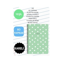 Kareli A4 80 Yaprak Plastik Kapak Spiralli Puantiye Desen Perforeli Yuvarlak Köşe Beyaz Sayfa Yeşil