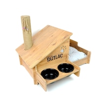 Ahşap Kedi Evi - Mama Kabı-özel Isim Baskılı-meşe Mdf- Siyah Seramik Kase 2 400ml- Tırmalama Çubuklu
