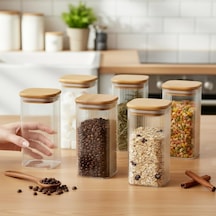 6'li Set 425 Ml Bambu Kapaklı Kare Cam Kavanoz - 6x12 Cm Vakumlu Uzun Boy Şeffaf Erzak Kabı Kahve Çay Baharatlık Ve Genel