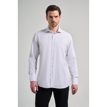 İmza Uzun Kol Çizgili Desen Bez Ayağı İtalyan Yaka Cepli Pamuklu Classic Comfort Fit Gömlek 1004250182 Beyaz