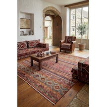 Etnik Kilim Desenli Pamuk Taban Yıkanabilir Baskılı Dekoratif Halı Kırmızı