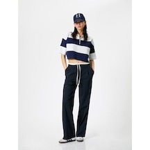 Koton Polo Yaka Kazak Oversize Kısa Kollu Lacivert Çizgili 4sak90104ht Lacivert